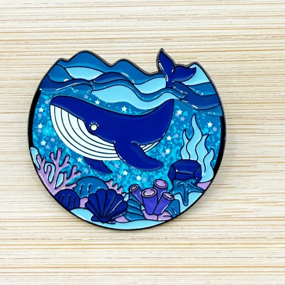Large Whale in Ocean Scene Metal Soft Enamel Pin